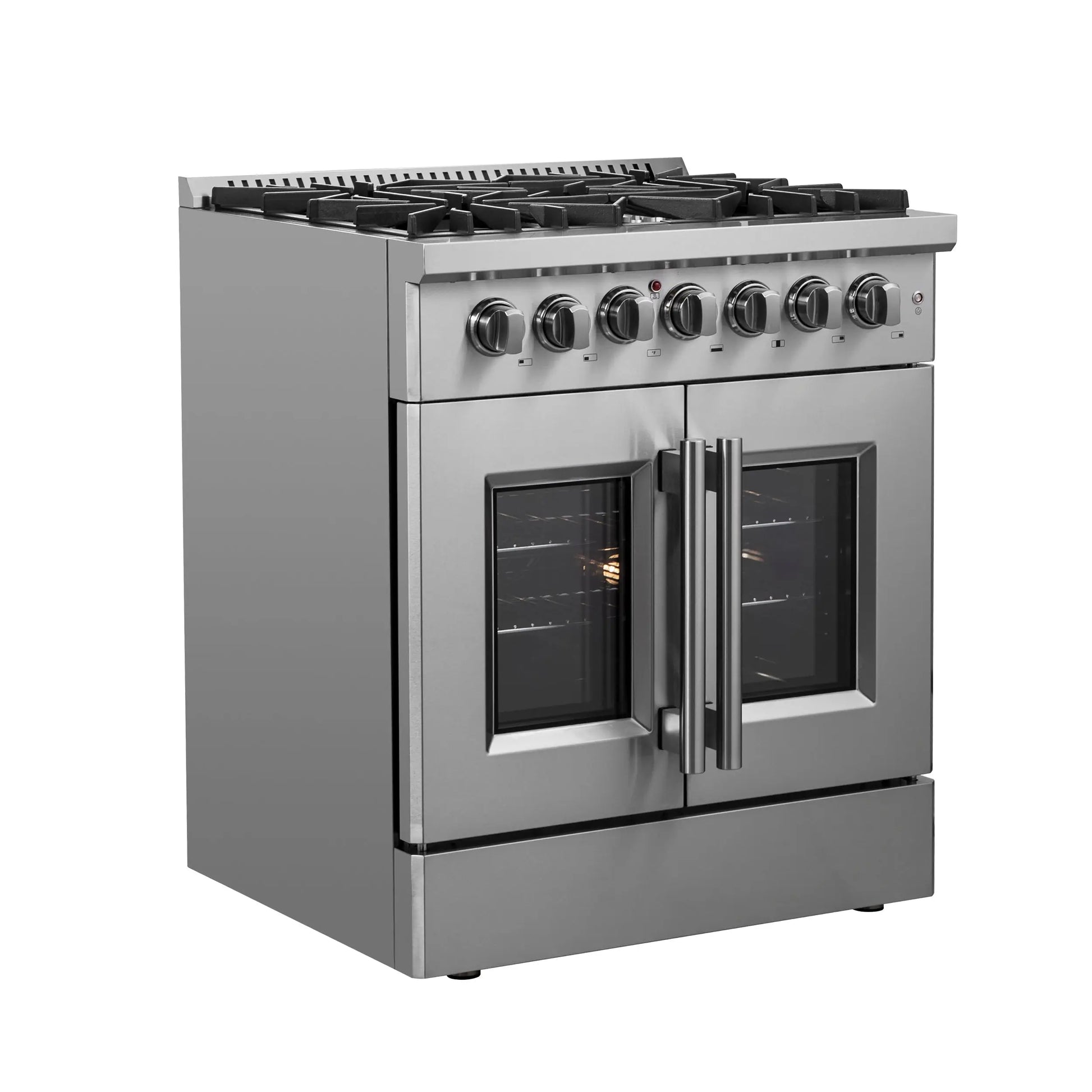 Forno Galiano 30-inch French Door Dual Fuel Range All Stainless Steel, 5 Sealed Burners 68,000 BTU, 4.32 cu.ft. True Convection Oven FORNO