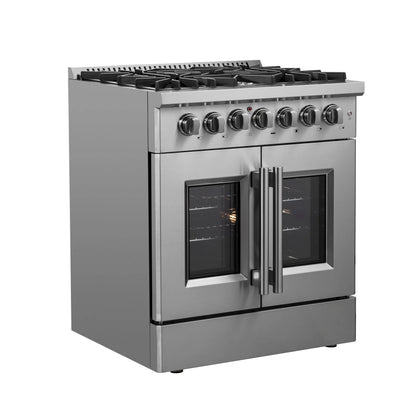 Forno Galiano 30-inch French Door Dual Fuel Range All Stainless Steel, 5 Sealed Burners 68,000 BTU, 4.32 cu.ft. True Convection Oven FORNO
