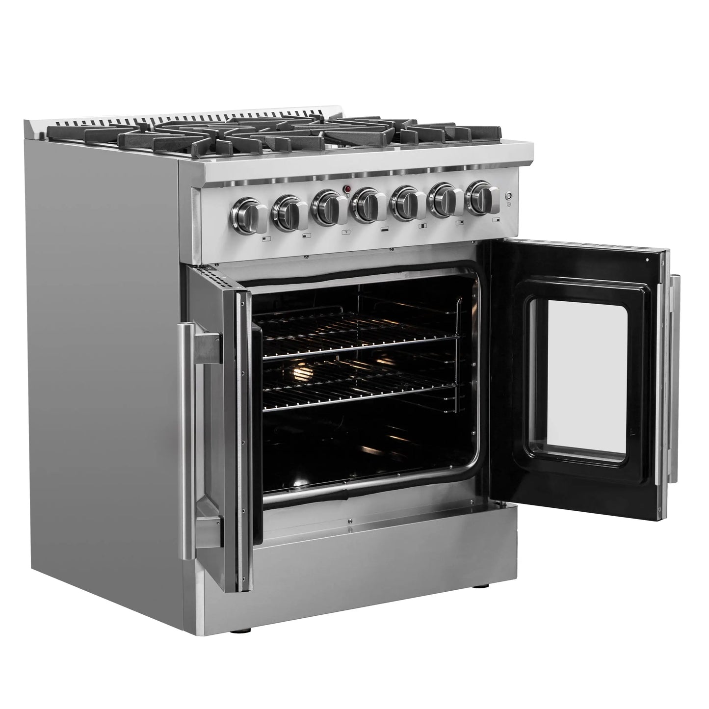 Forno Galiano 30-inch French Door Dual Fuel Range All Stainless Steel, 5 Sealed Burners 68,000 BTU, 4.32 cu.ft. True Convection Oven FORNO