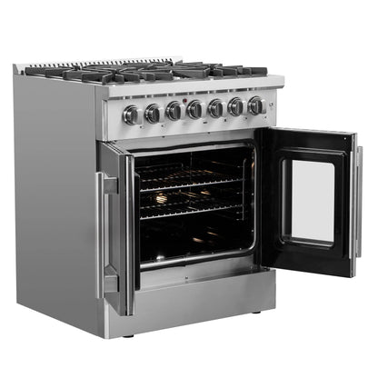 Forno Galiano 30-inch French Door Dual Fuel Range All Stainless Steel, 5 Sealed Burners 68,000 BTU, 4.32 cu.ft. True Convection Oven FORNO