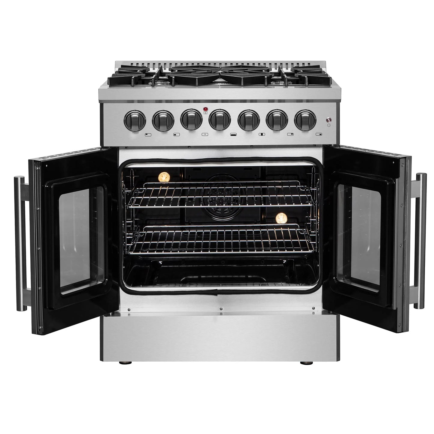 Forno Galiano 30-inch French Door Dual Fuel Range All Stainless Steel, 5 Sealed Burners 68,000 BTU, 4.32 cu.ft. True Convection Oven FORNO