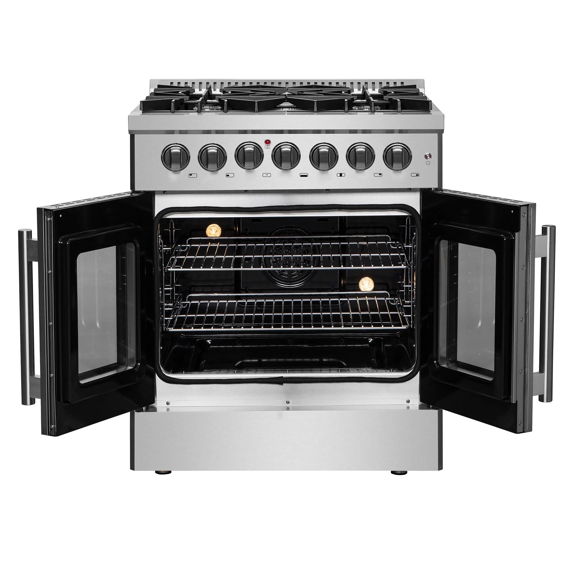 Forno Galiano 30-inch French Door Dual Fuel Range All Stainless Steel, 5 Sealed Burners 68,000 BTU, 4.32 cu.ft. True Convection Oven FORNO