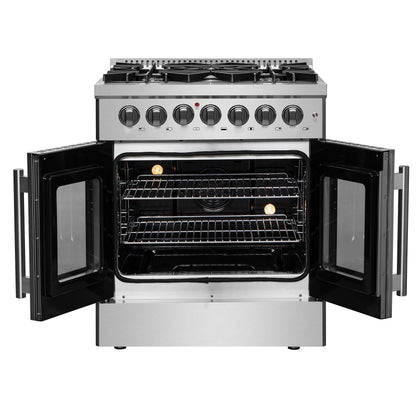 Forno Galiano 30-inch French Door Dual Fuel Range All Stainless Steel, 5 Sealed Burners 68,000 BTU, 4.32 cu.ft. True Convection Oven FORNO