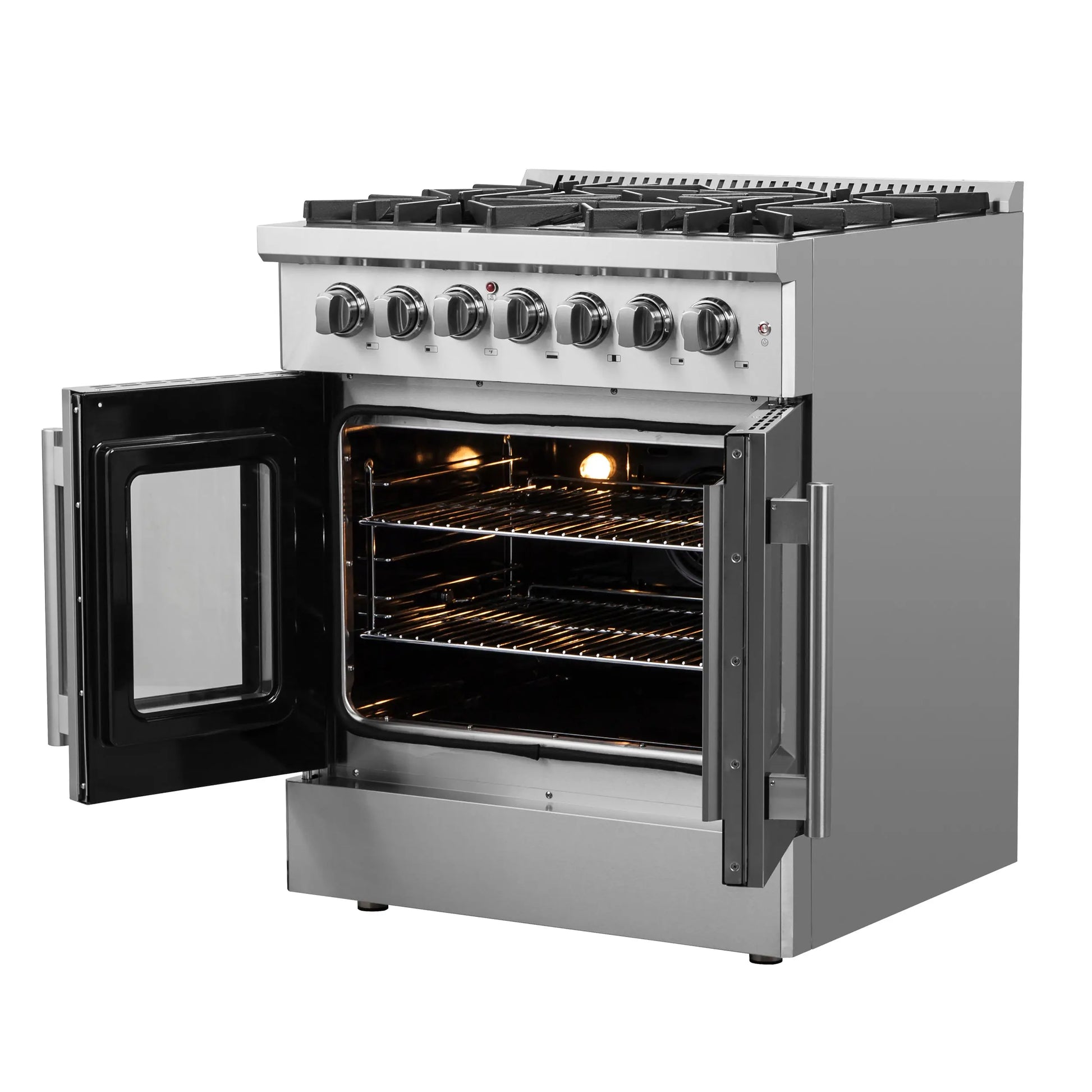 Forno Galiano 30-inch French Door Dual Fuel Range All Stainless Steel, 5 Sealed Burners 68,000 BTU, 4.32 cu.ft. True Convection Oven FORNO