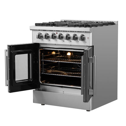 Forno Galiano 30-inch French Door Dual Fuel Range All Stainless Steel, 5 Sealed Burners 68,000 BTU, 4.32 cu.ft. True Convection Oven FORNO