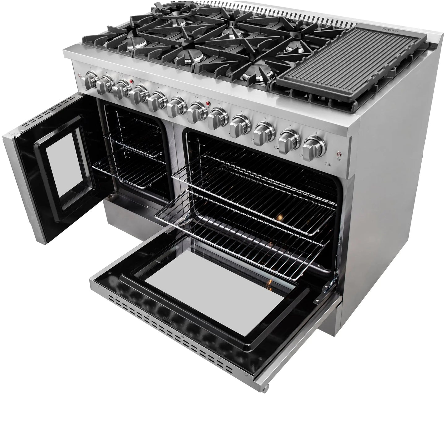 FORNO Galiano 48-Inch French Door Dual Fuel Range All Stainless Steel, 8 Sealed Burners, 107,000 BTU, Griddle, 6.58 cu.ft. Double Ovens FORNO