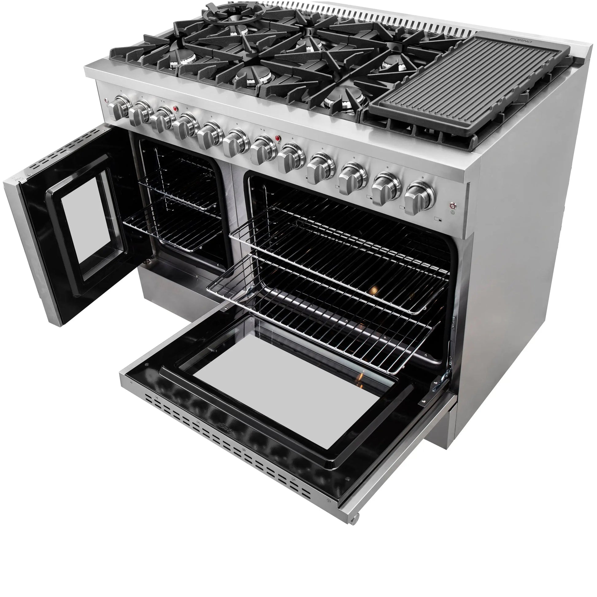 FORNO Galiano 48-Inch French Door Dual Fuel Range All Stainless Steel, 8 Sealed Burners, 107,000 BTU, Griddle, 6.58 cu.ft. Double Ovens FORNO