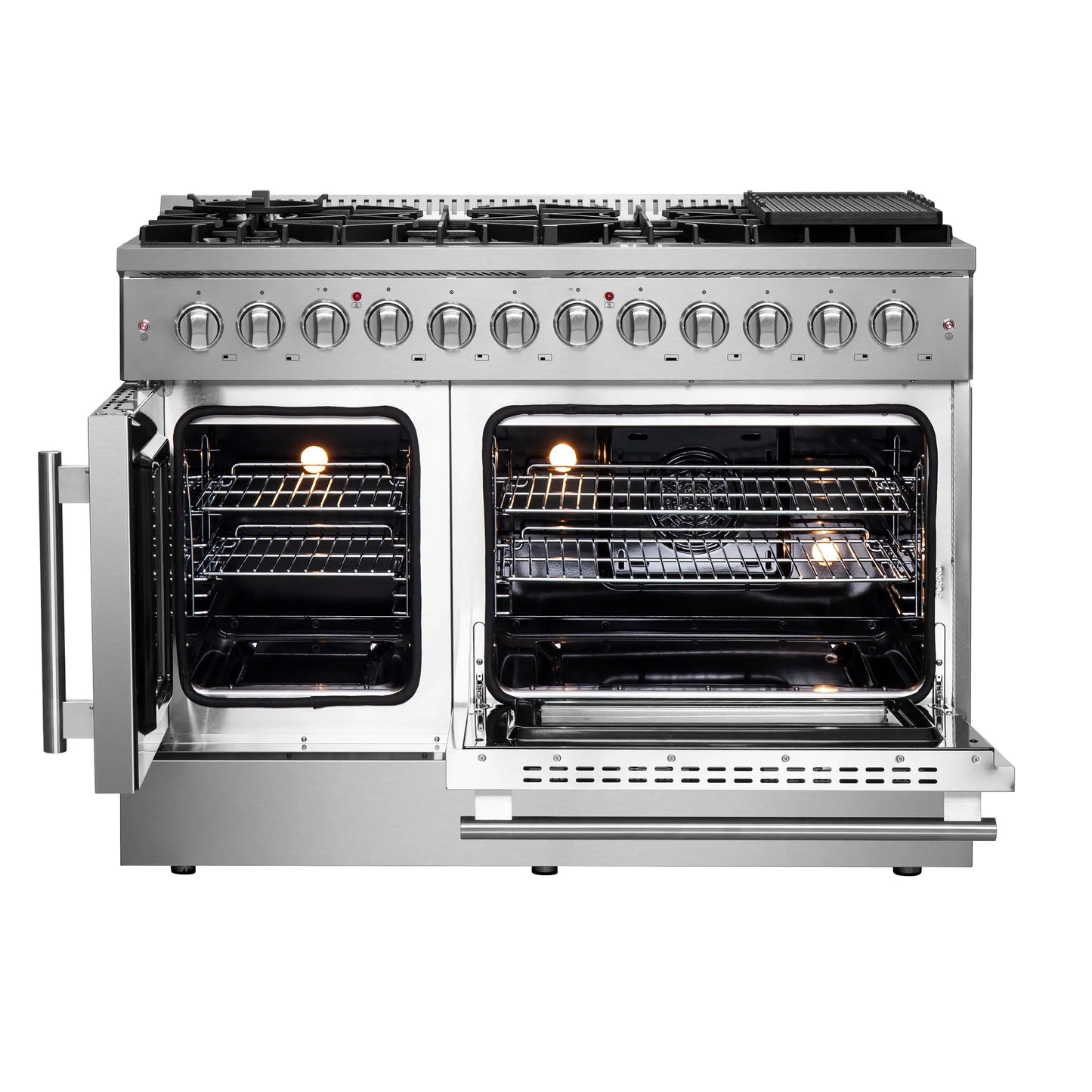 FORNO Galiano 48-Inch French Door Dual Fuel Range All Stainless Steel, 8 Sealed Burners, 107,000 BTU, Griddle, 6.58 cu.ft. Double Ovens FORNO
