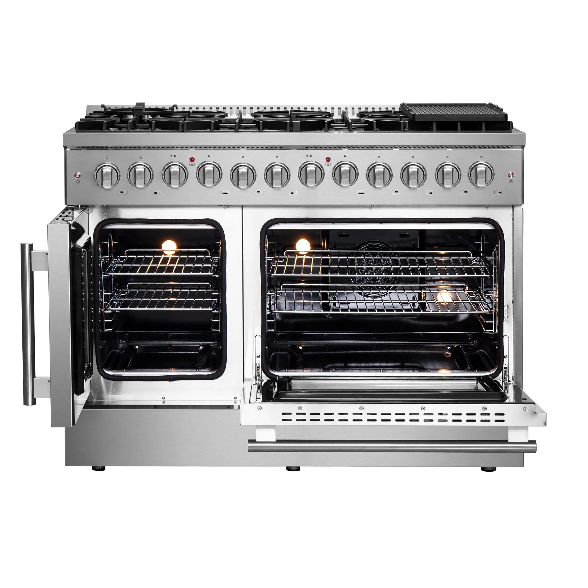 FORNO Galiano 48-Inch French Door Dual Fuel Range All Stainless Steel, 8 Sealed Burners, 107,000 BTU, Griddle, 6.58 cu.ft. Double Ovens FORNO