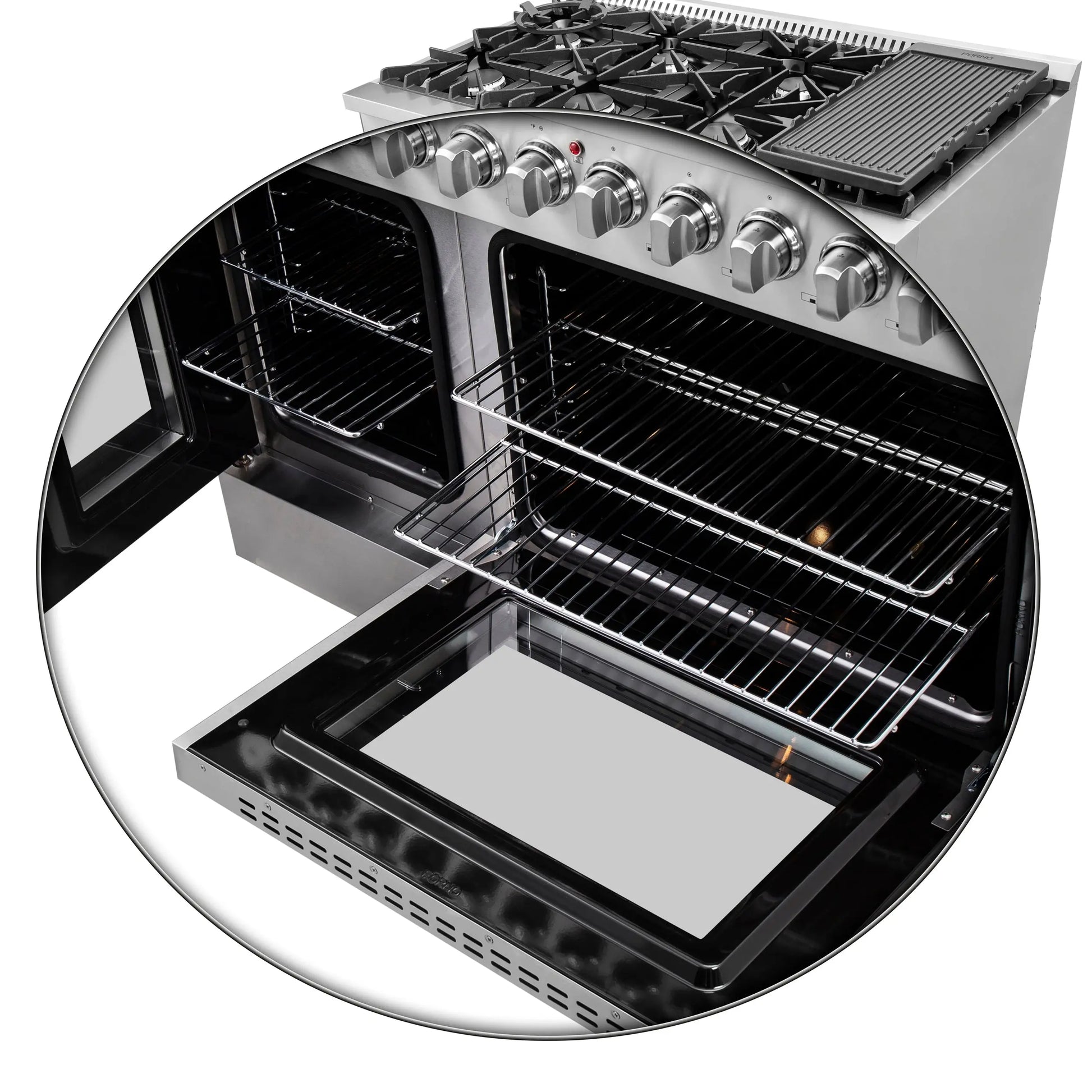 FORNO Galiano 48-Inch French Door Dual Fuel Range All Stainless Steel, 8 Sealed Burners, 107,000 BTU, Griddle, 6.58 cu.ft. Double Ovens FORNO
