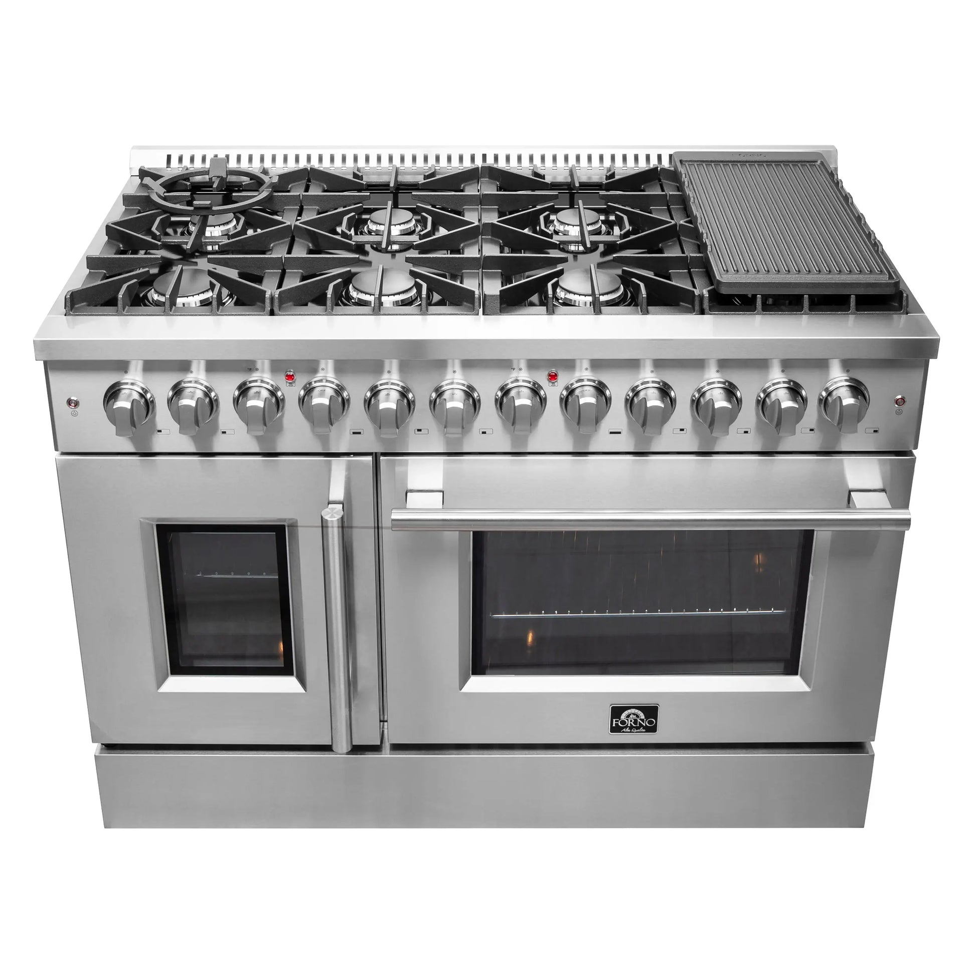 FORNO Galiano 48-Inch French Door Dual Fuel Range All Stainless Steel, 8 Sealed Burners, 107,000 BTU, Griddle, 6.58 cu.ft. Double Ovens FORNO