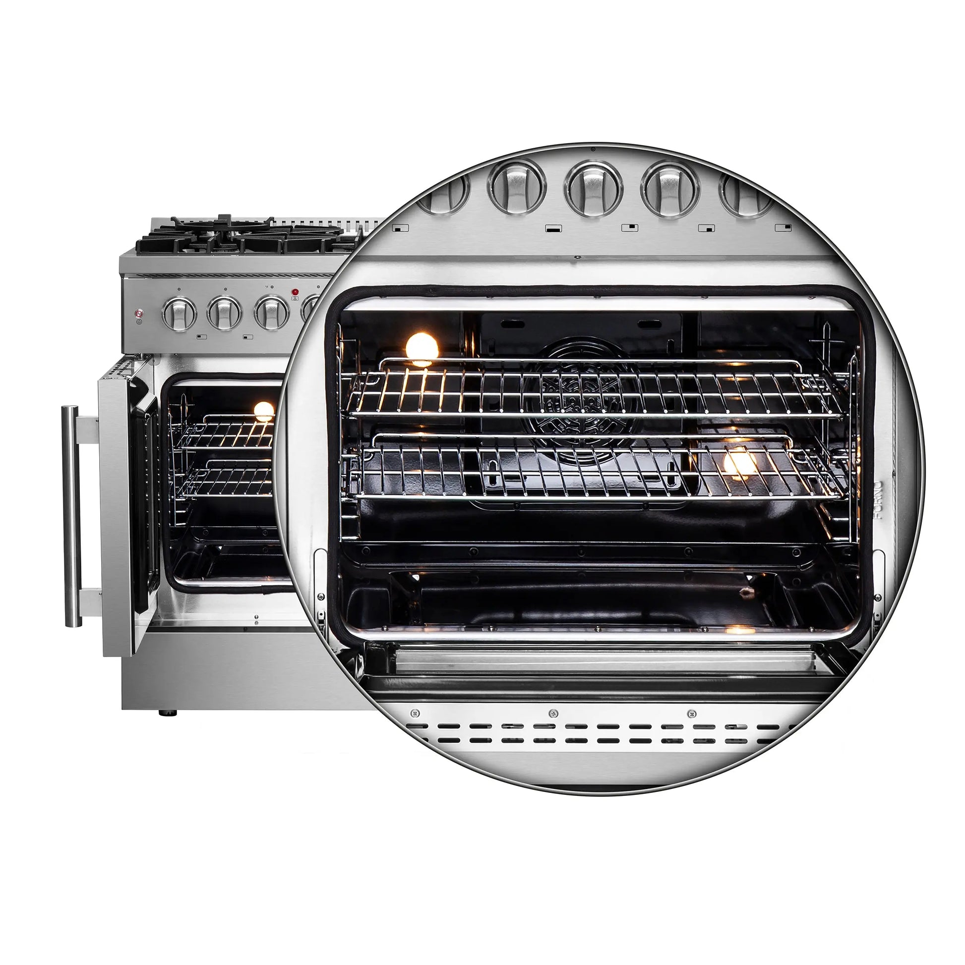 FORNO Galiano 48-Inch French Door Dual Fuel Range All Stainless Steel, 8 Sealed Burners, 107,000 BTU, Griddle, 6.58 cu.ft. Double Ovens FORNO