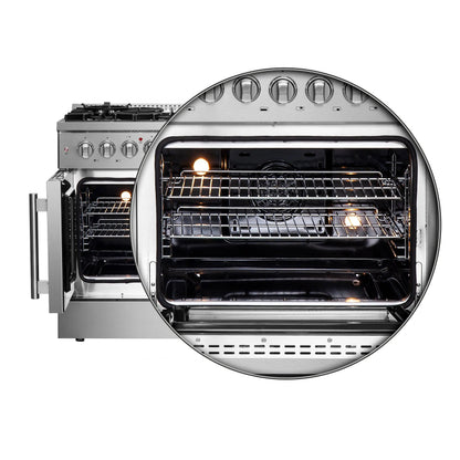 FORNO Galiano 48-Inch French Door Dual Fuel Range All Stainless Steel, 8 Sealed Burners, 107,000 BTU, Griddle, 6.58 cu.ft. Double Ovens FORNO