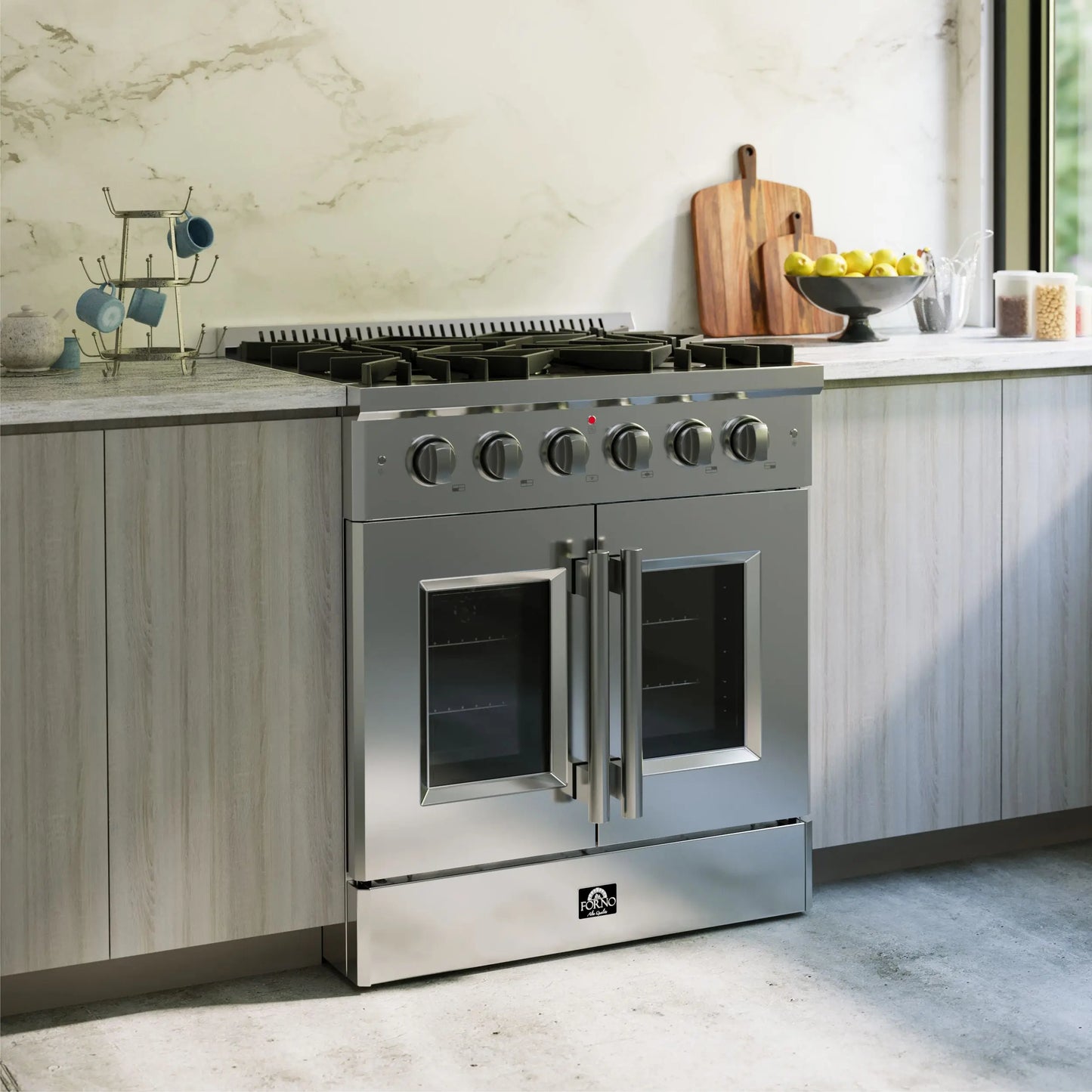 Forno Galiano 30-Inch Freestanding French Door Gas Range, 4 Burners, Convection Oven, Energy Efficient FORNO