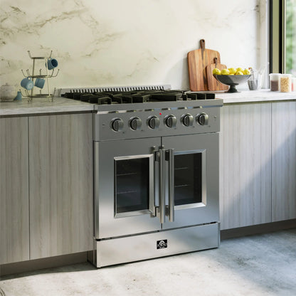 Forno Galiano 30-Inch Freestanding French Door Gas Range, 4 Burners, Convection Oven, Energy Efficient FORNO