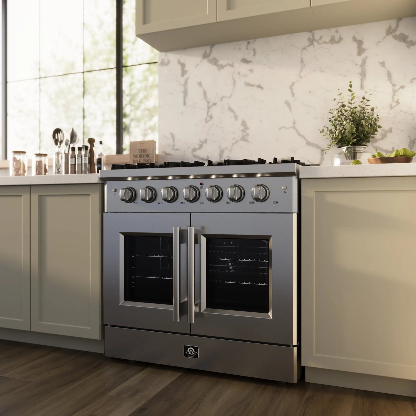 Forno Galiano 36-Inch Freestanding French Door Gas Range, 6 Burners, Convection Oven, Energy Efficient FORNO