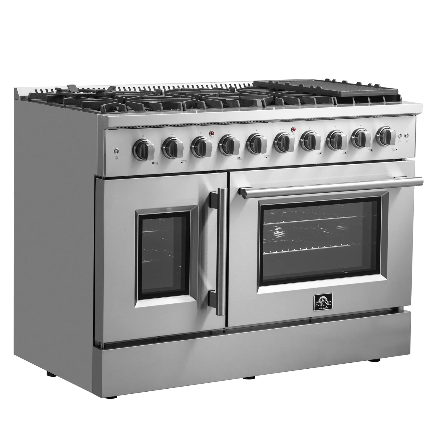 Forno Galiano 48-Inch Freestanding French Door Gas Range, 8 Burners, Griddle, Convection Oven, Energy Efficient FORNO