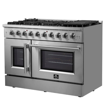 Forno Galiano 48-Inch Freestanding French Door Gas Range, 8 Burners, Griddle, Convection Oven, Energy Efficient FORNO
