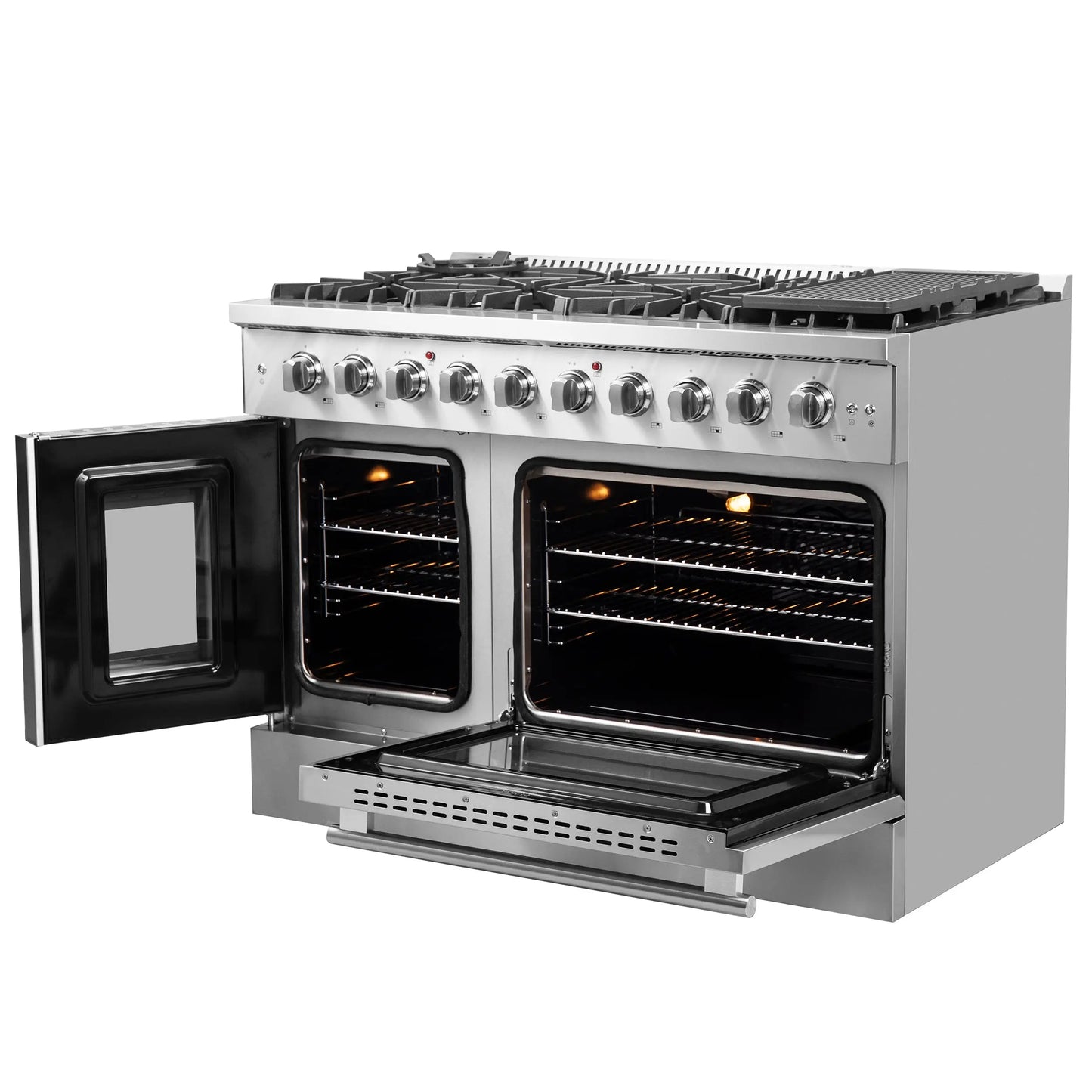 Forno Galiano 48-Inch Freestanding French Door Gas Range, 8 Burners, Griddle, Convection Oven, Energy Efficient FORNO