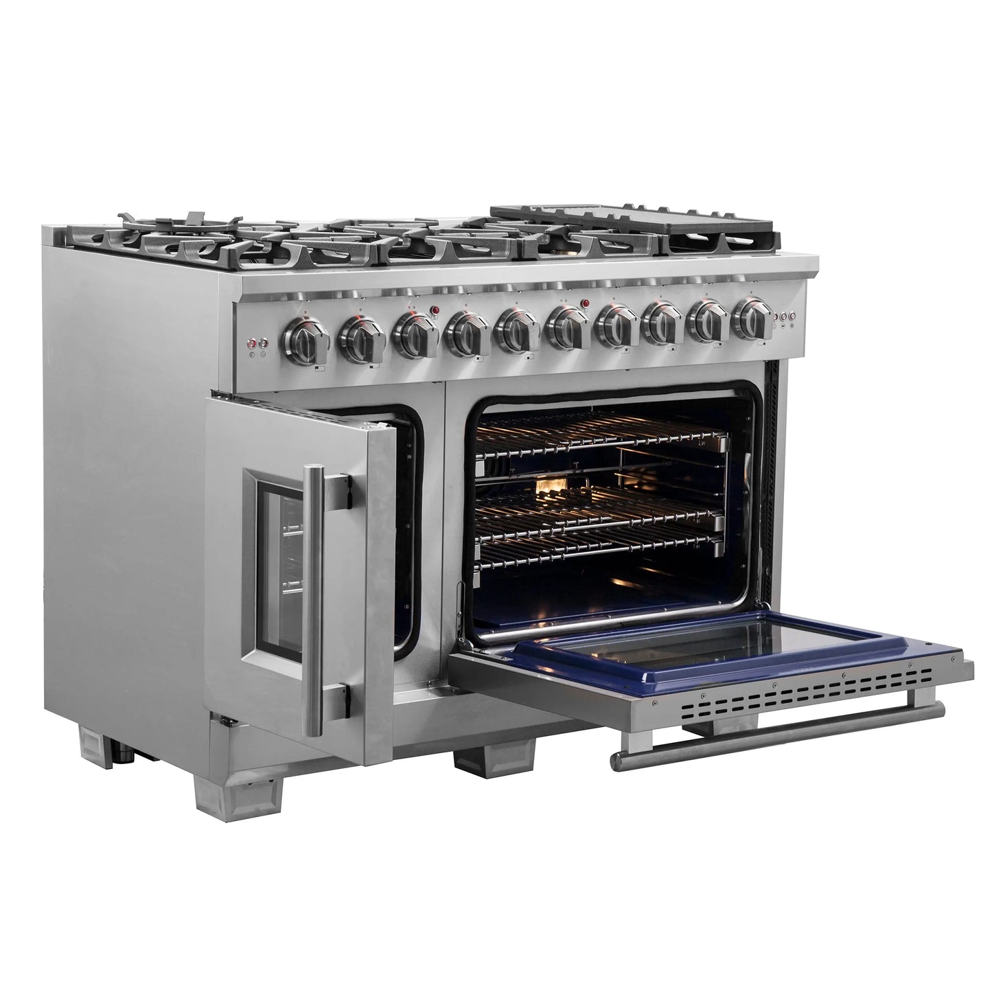 Forno Capriasca 48-Inch Freestanding French Door Gas Range, 8 Burners, Convection Oven, Energy Efficient FORNO