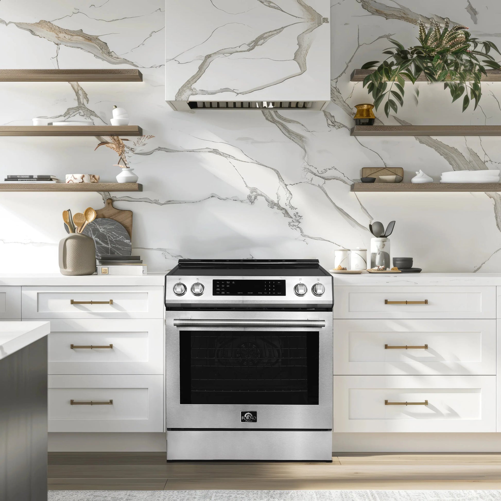 Forno Donatello Espresso 30-Inch Slide-In Stainless Steel Induction Range, Convection Oven, 5 Cooking Zones, Touch Control Panel FORNO