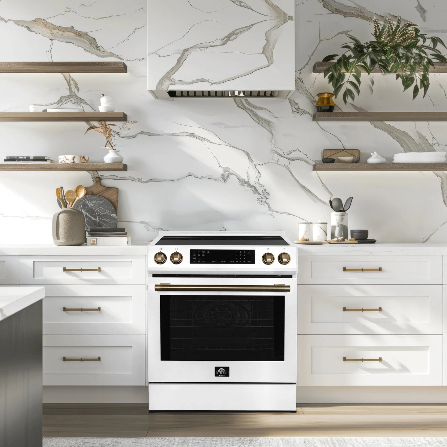 Forno Donatello Espresso 30-Inch Slide-In White Induction Range, Convection Oven, 5 Cooking Zones, Touch Control Panel FORNO