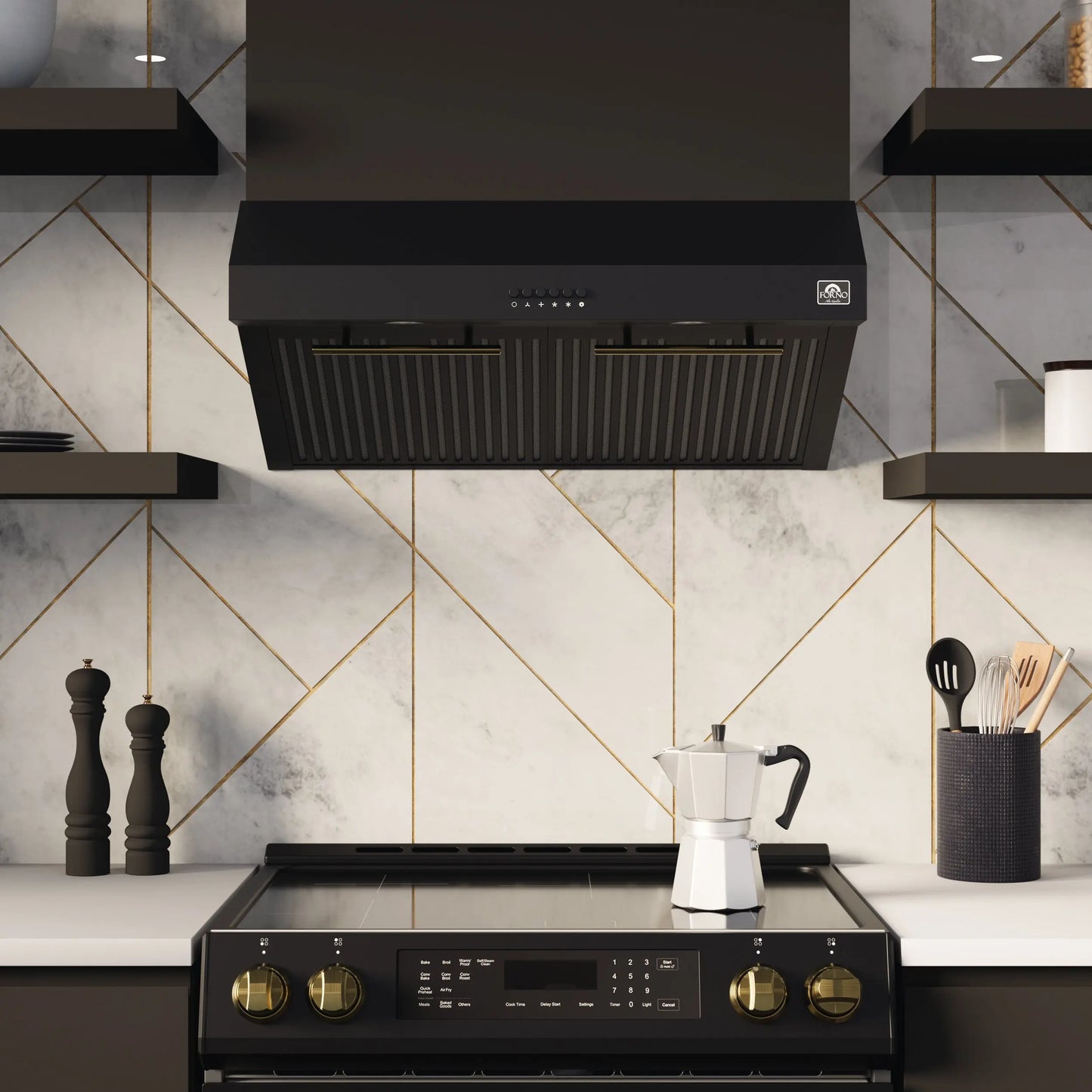 Forno Bari Espresso 30-Inch Under Cabinet Range Hood, Black, 600 CFM, LED Lighting, Dishwasher-Safe Baffle Filters, 3-Speed Fan Control FORNO