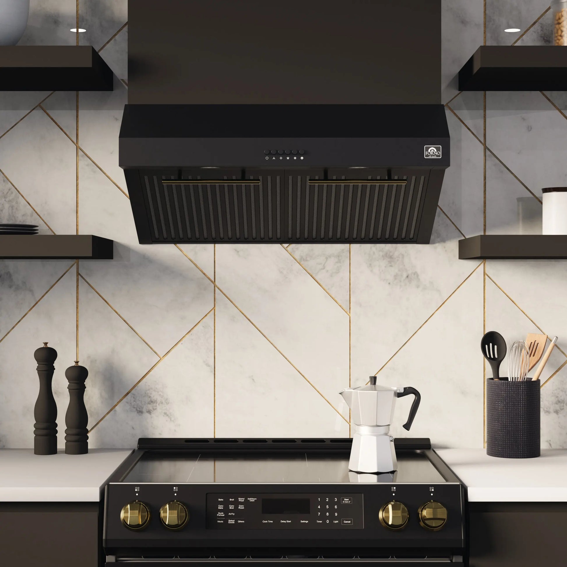 Forno Bari Espresso 30-Inch Under Cabinet Range Hood, Black, 600 CFM, LED Lighting, Dishwasher-Safe Baffle Filters, 3-Speed Fan Control FORNO