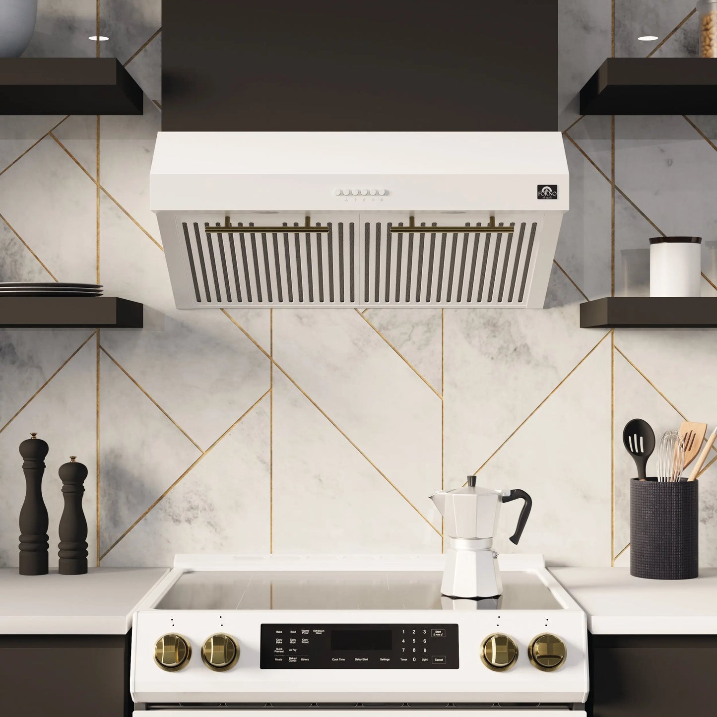 FORNO Premium 4-Piece Kitchen Bundle - Leonardo Espresso 30" White Range, 30" White Range Hood, 31" White Bottom Freezer Refrigerator, 24" White Built-In Dishwasher - FBDL-006-03US FORNO