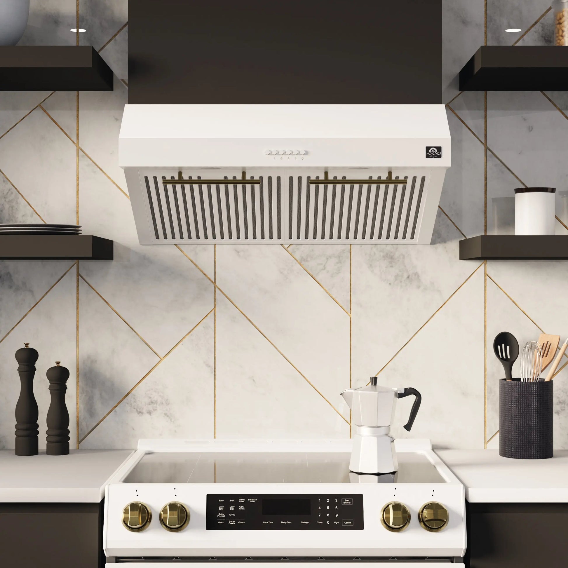 FORNO Premium 4-Piece Kitchen Bundle - Leonardo Espresso 30" White Range, 30" White Range Hood, 31" White Bottom Freezer Refrigerator, 24" White Built-In Dishwasher - FBDL-006-03US FORNO