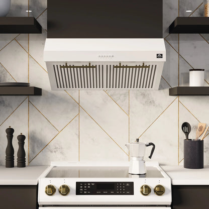 FORNO Premium 4-Piece Kitchen Bundle - Leonardo Espresso 30" White Range, 30" White Range Hood, 31" White Bottom Freezer Refrigerator, 24" White Built-In Dishwasher - FBDL-006-03US FORNO