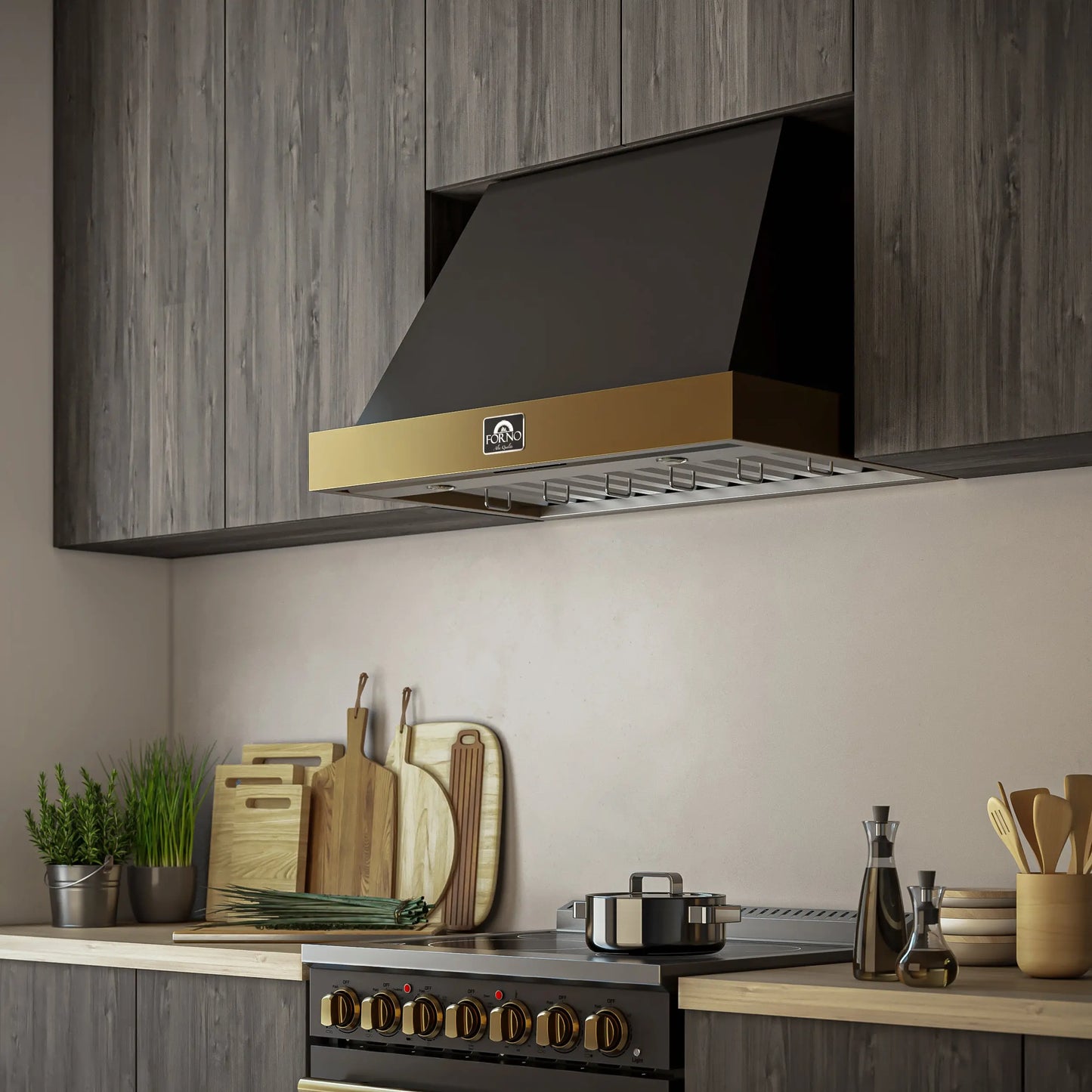 Forno Vittorio 36-Inch Wall Mount Range Hood, Black with Antique Brass Trim, 424 CFM Airflow, Dishwasher-Safe Baffle Filters, Remote Control, 3-Speed Fan, Bright LED Lighting. FORNO