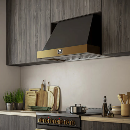 Forno Vittorio 36-Inch Wall Mount Range Hood, Black with Antique Brass Trim, 424 CFM Airflow, Dishwasher-Safe Baffle Filters, Remote Control, 3-Speed Fan, Bright LED Lighting. FORNO
