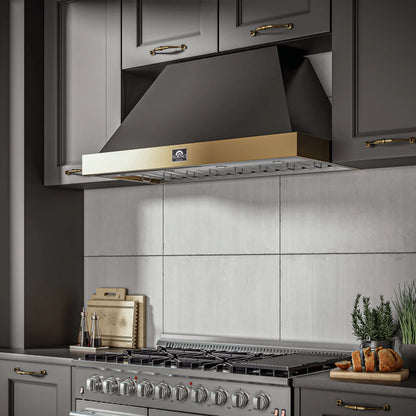 Forno Vittorio 48-Inch Wall Mount Range Hood, Black with Antique Brass Trim, 424 CFM Airflow, Dishwasher-Safe Baffle Filters, Remote Control, 3-Speed Fan, Bright LED Lighting. FORNO