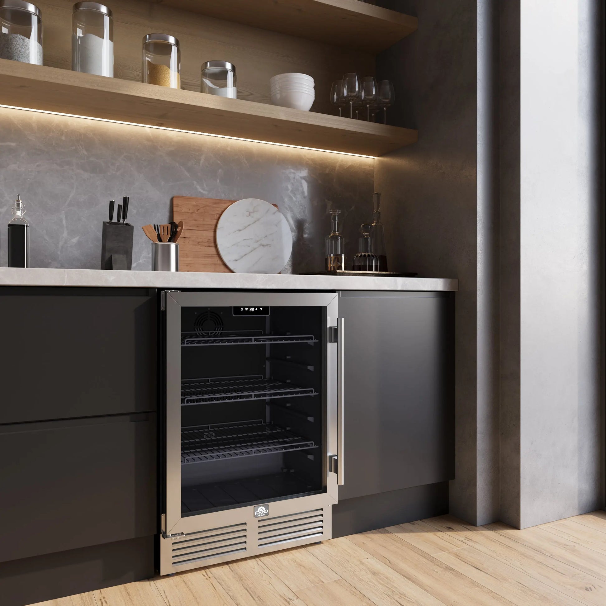 Forno Frescolino 24 Inch Beverage Cooler, Stainless Steel, with LED Lighting, Triple Glass Door, 188 Can Capacity, Built-In or Freestanding FORNO