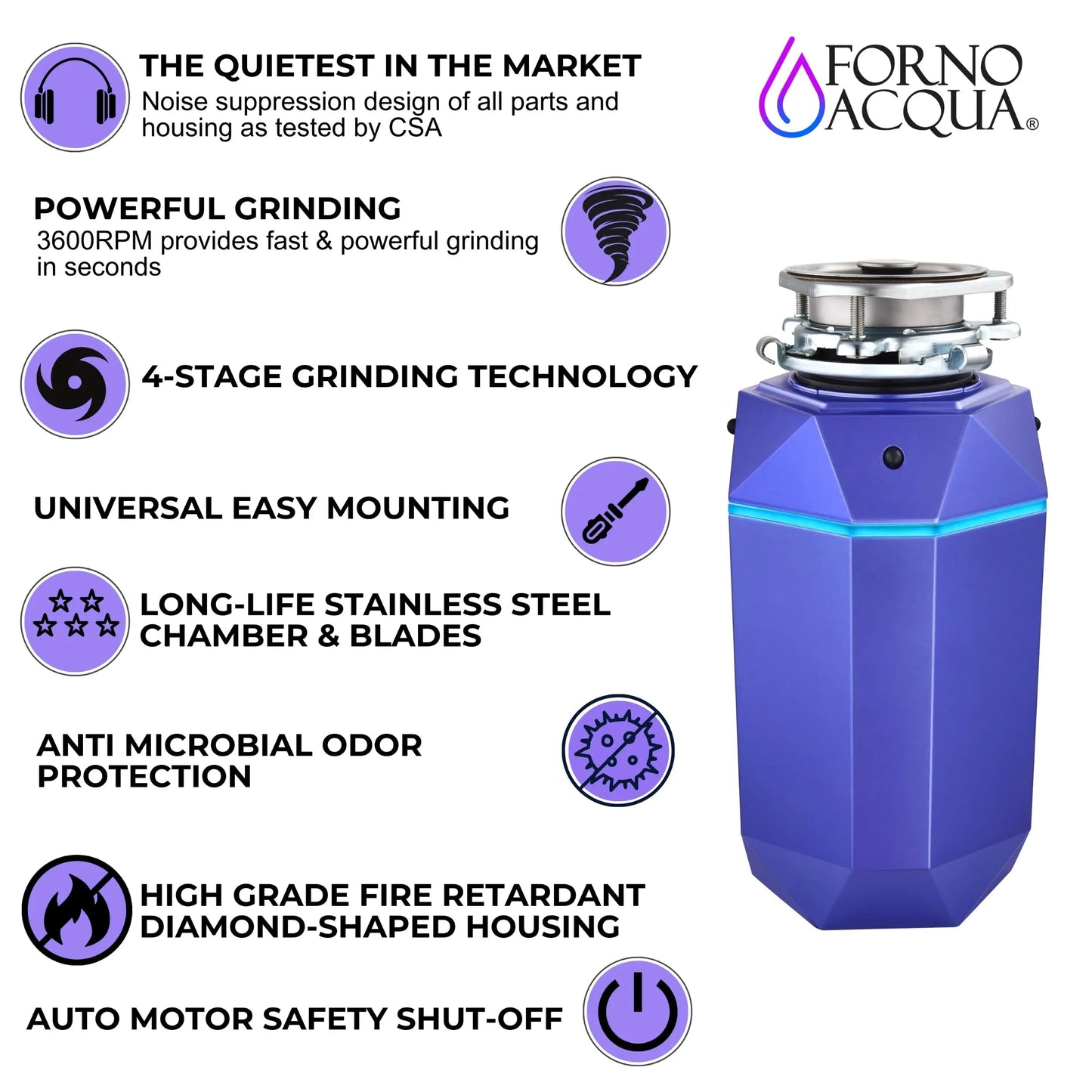 FORNO ACQUA BrightDIAMOND Amethyst 3/4HP Super Quiet Garbage Disposal Corded with Motion Sensor Cabinet Light & Pre-Wired Air Switch FORNO ACQUA