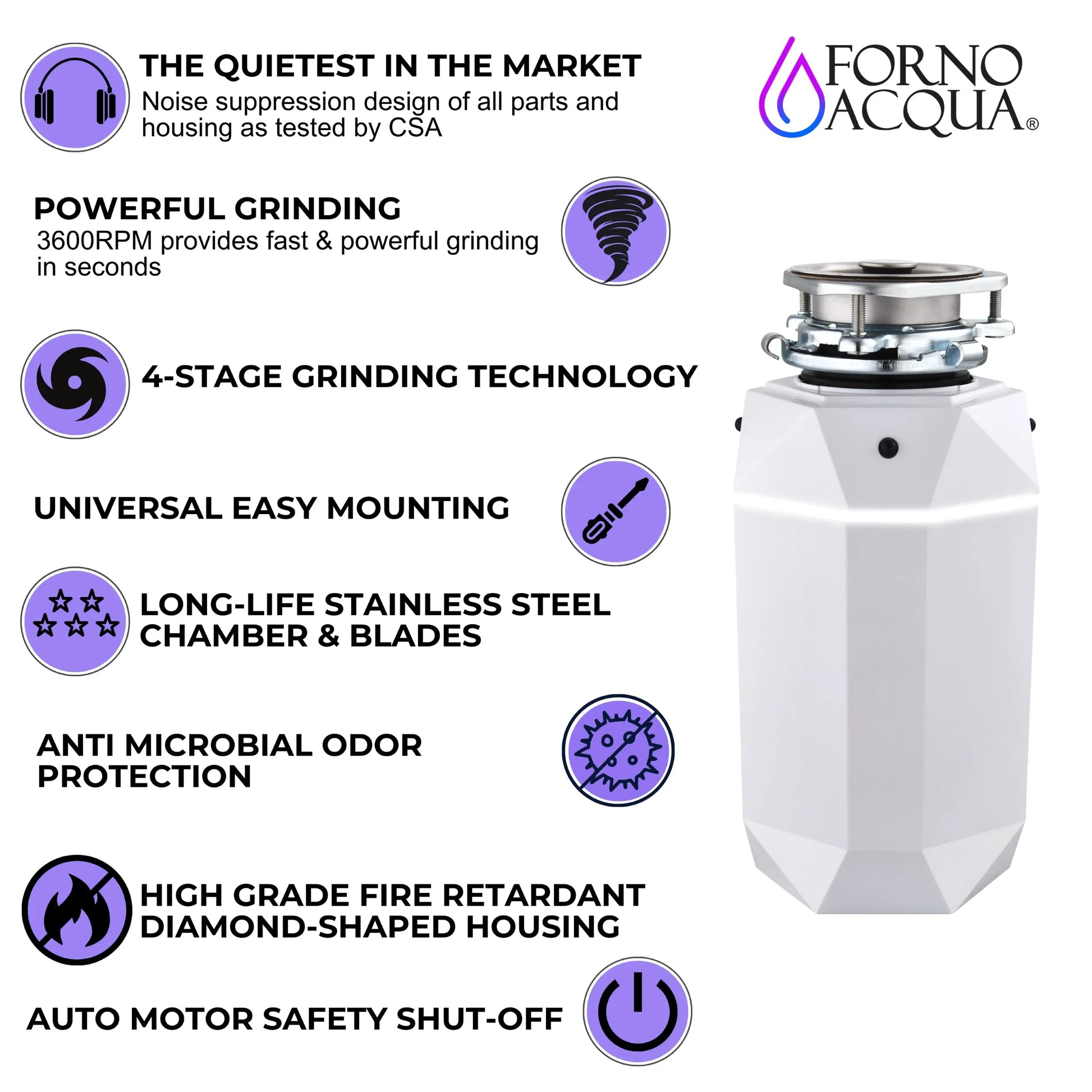 FORNO ACQUA BrightDIAMOND Moonstone 1HP Super Quiet Garbage Disposal Corded with Motion Sensor Cabinet Light & Pre-Wired Air Switch FORNO ACQUA