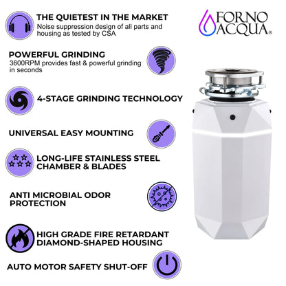FORNO ACQUA BrightDIAMOND Moonstone 1HP Super Quiet Garbage Disposal Corded with Motion Sensor Cabinet Light & Pre-Wired Air Switch FORNO ACQUA