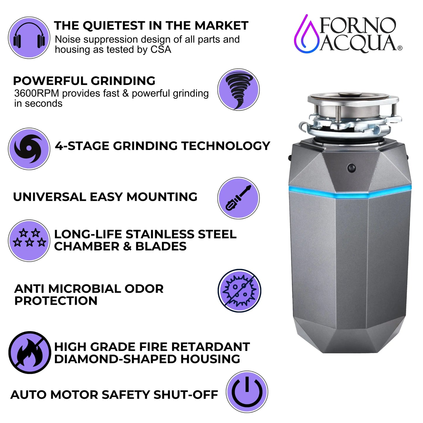 FORNO ACQUA BrightDIAMOND Black Onyx 3/4HP Super Quiet Garbage Disposal Corded with Motion Sensor Cabinet Light & Pre-Wired Air Switch FORNO ACQUA