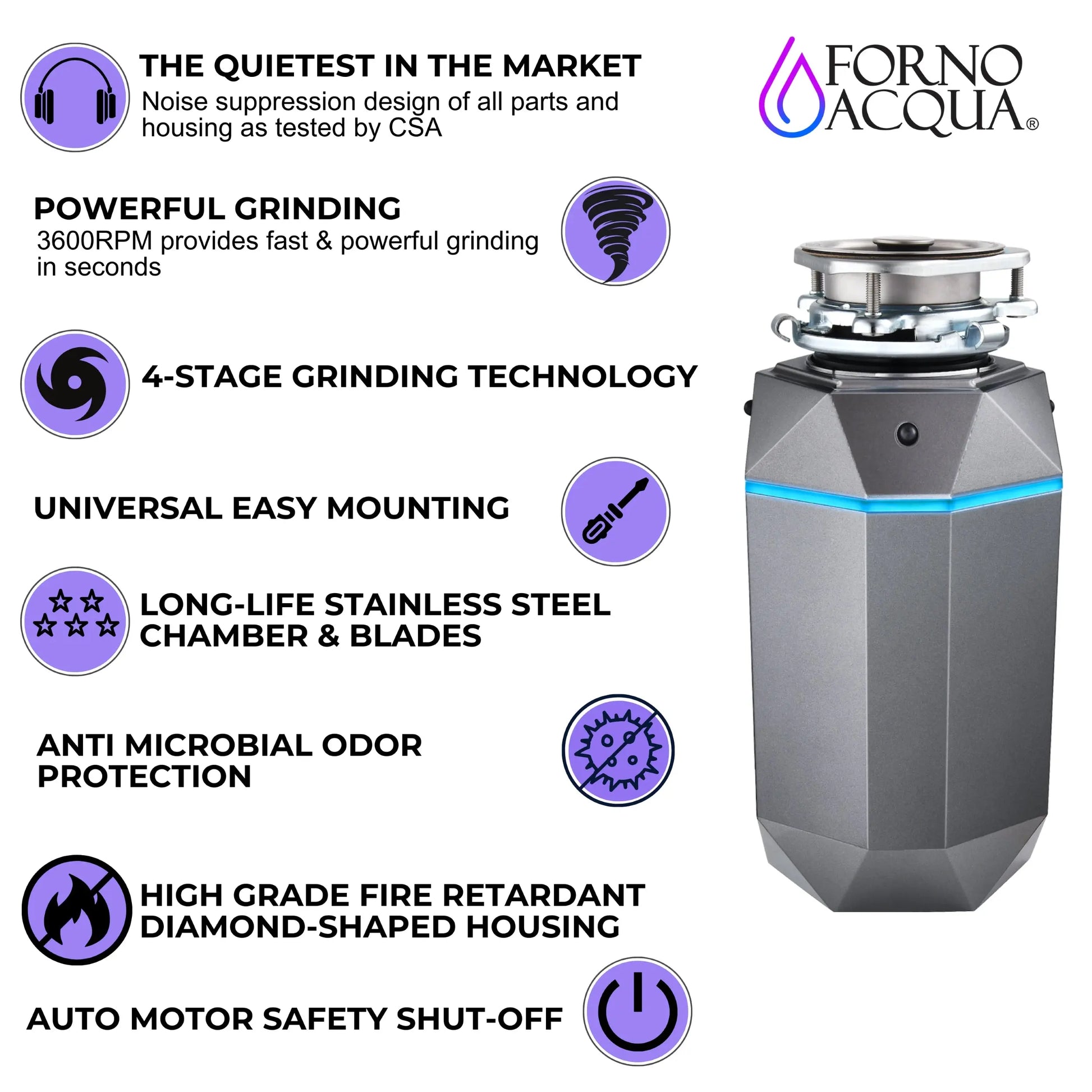 FORNO ACQUA BrightDIAMOND Black Onyx 3/4HP Super Quiet Garbage Disposal Corded with Motion Sensor Cabinet Light & Pre-Wired Air Switch FORNO ACQUA