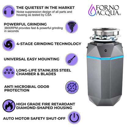FORNO ACQUA BrightDIAMOND Black Onyx 3/4HP Super Quiet Garbage Disposal Corded with Motion Sensor Cabinet Light & Pre-Wired Air Switch FORNO ACQUA