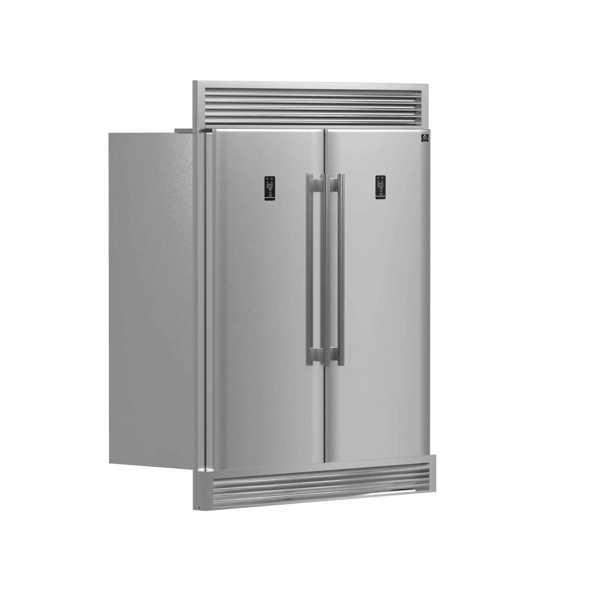 FORNO Premium 3-Piece Kitchen Bundle - FORNO Galiano 48" Freestanding Dual Fuel Range, FORNO Rizzuto 60" W. Dual Combo Convertible Refrigerator, FORNO 48" Wall Mount Range Hood - FBDL-017-02US Forno vendors US