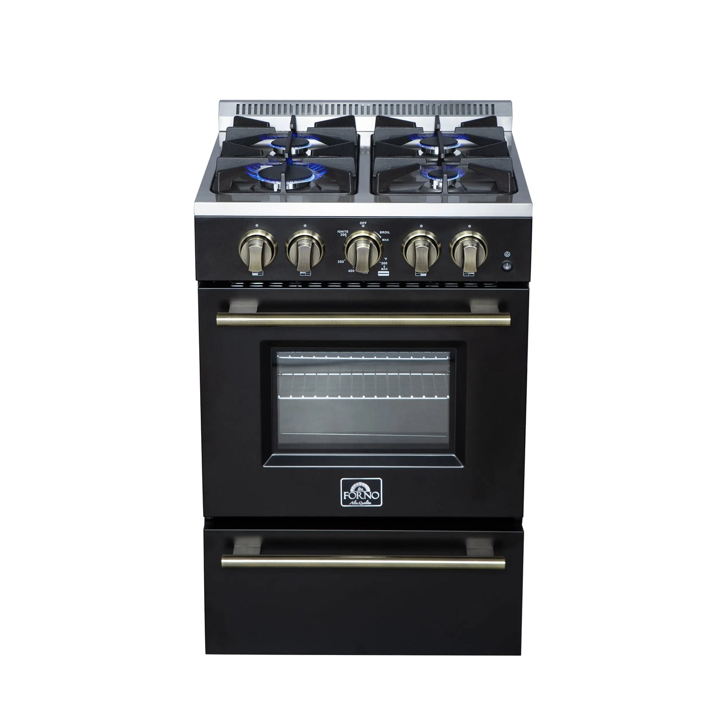 Forno Breno 24 Inch Freestanding Gas Range in Black with Antique Brass, Compact Design FORNO
