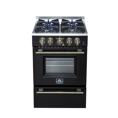 Forno Breno 24 Inch Freestanding Gas Range in Black with Antique Brass, Compact Design FORNO