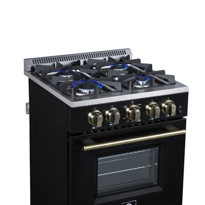Forno Breno 24 Inch Freestanding Gas Range in Black with Antique Brass, Compact Design FORNO
