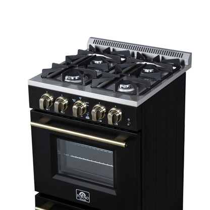 Forno Breno 24 Inch Freestanding Gas Range in Black with Antique Brass, Compact Design FORNO