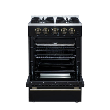 Forno Breno 24 Inch Freestanding Gas Range in Black with Antique Brass, Compact Design FORNO