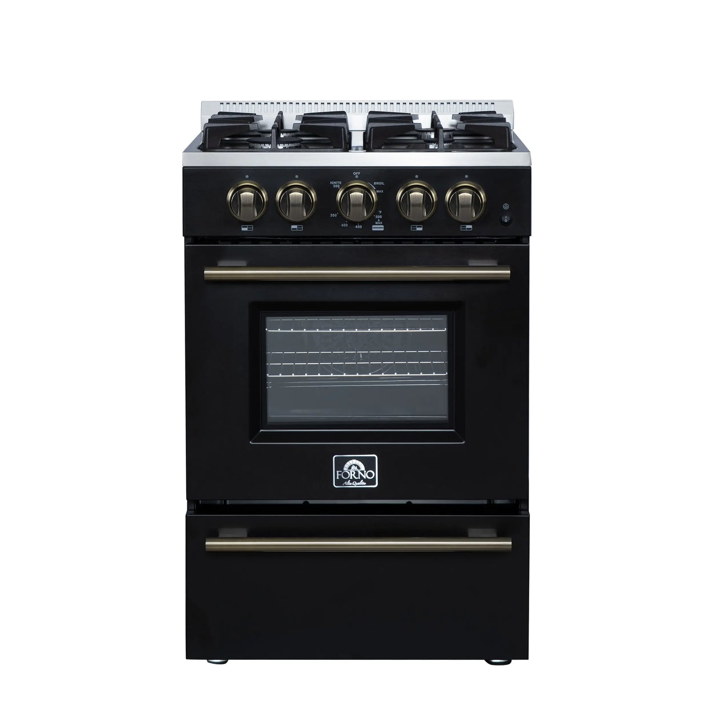 Forno Breno 24 Inch Freestanding Gas Range in Black with Antique Brass, Compact Design FORNO