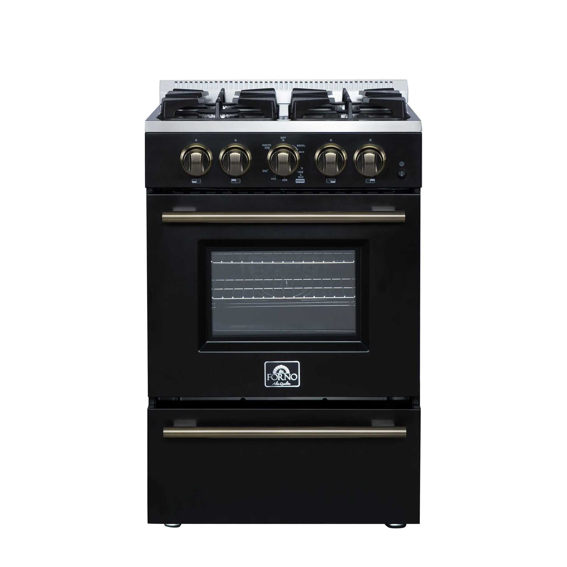 Forno Breno 24 Inch Freestanding Gas Range in Black with Antique Brass, Compact Design FORNO