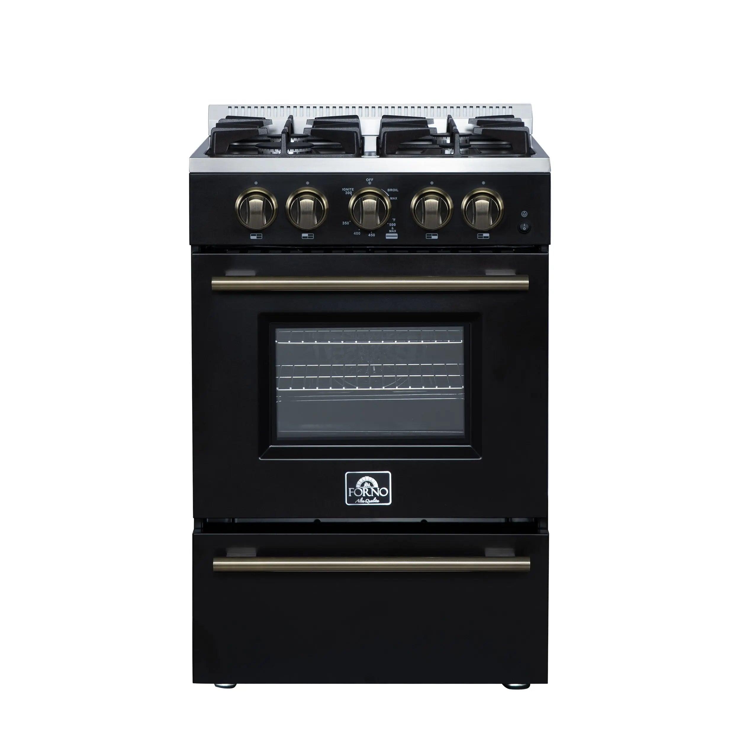 Forno Breno 24 Inch Freestanding Gas Range in Black with Antique Brass, Compact Design FORNO